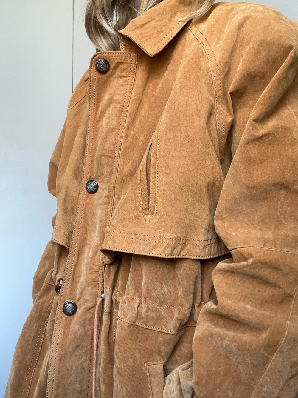 Vintage 90s Euro Mono of California Suede Cinched Utility Jacket - Size L - Picture 9 of 15